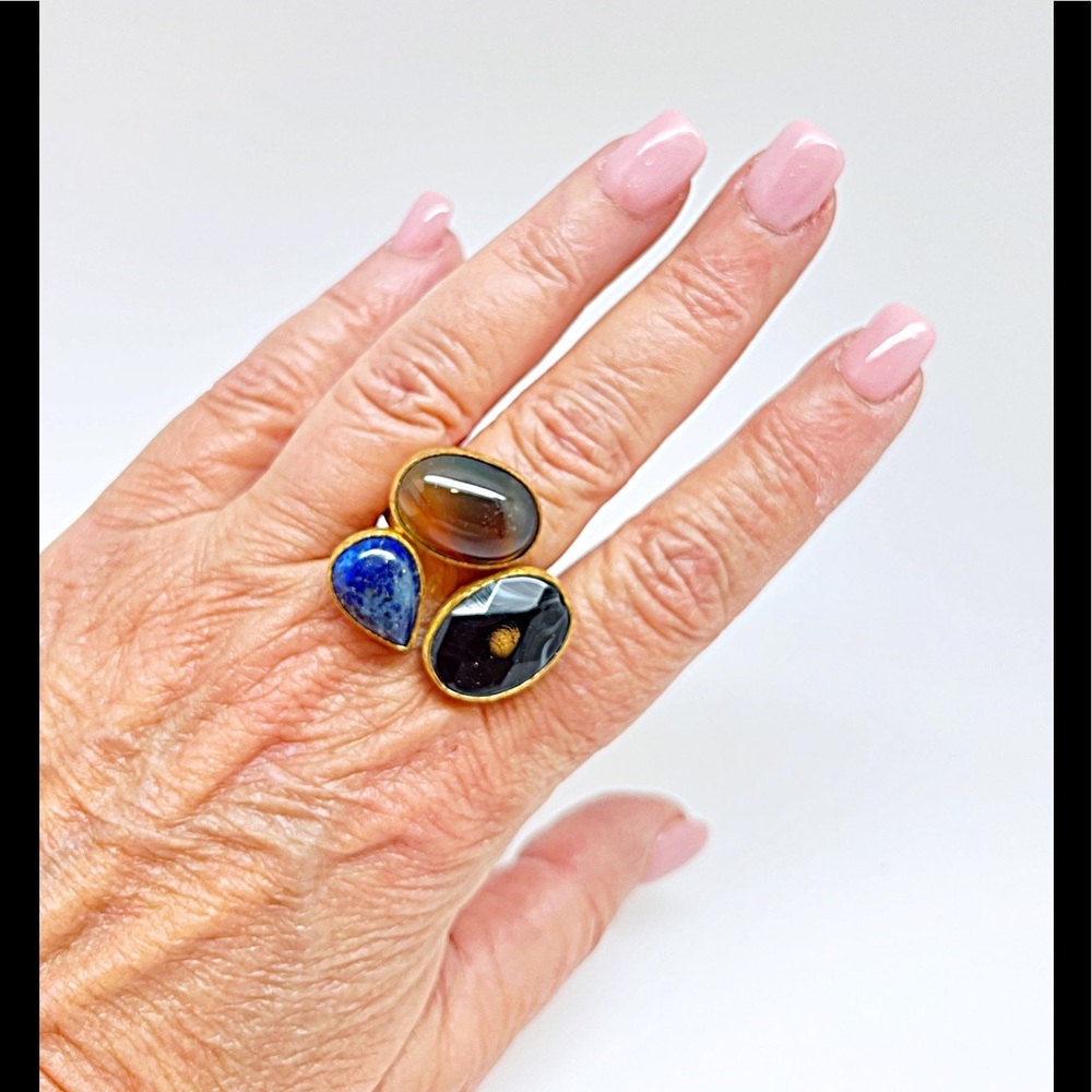 Large Triple Gemstone-Lapis,Tigers Eye,Blk Obsidian Statement Rings set in Gold